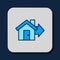 Filled outline Sale house icon isolated on blue background. Buy house concept. Home loan concept, rent, buying a