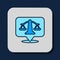 Filled outline Scales of justice icon isolated on blue background. Court of law symbol. Balance scale sign. Vector
