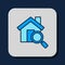 Filled outline Search house icon isolated on blue background. Real estate symbol of a house under magnifying glass