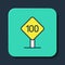 Filled outline Speed limit traffic sign 100 km icon isolated on blue background. Turquoise square button. Vector