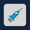 Filled outline Syringe with serum icon isolated on blue background. Syringe for vaccine, vaccination, injection, flu