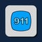 Filled outline Telephone with emergency call 911 icon isolated on blue background. Police, ambulance, fire department