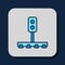 Filled outline Train traffic light icon isolated on blue background. Traffic lights for the railway to regulate the