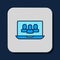 Filled outline Video chat conference icon isolated on blue background. Online meeting work form home. Remote project