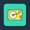 Filled outline Vinyl player with a vinyl disk icon isolated on blue background. Turquoise square button. Vector