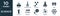 filled science icon set. contain flat submerge, volumetric flask, molecules, lab, tubes, test tube, pendulum, pulley, electron,