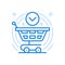 Filled shopping cart vector line icon. Basket on wheels with check mark in circle.