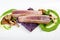 Fillet of tuna with purple potatoes, mushrooms and mushy peas