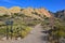 `Fillmore Canyon. La Cueva. The cave` sign on mountain landscape with prickly pear cacti, New Mexico