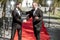 Film actors on the red carpet outdoors