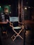 Film director chair indoors in the old-fashioned interior. Studio for film industry backdrop with dim light. Generative AI