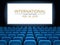 Film festival. Movie theater hall with white screen. Cinema international festival vector background