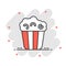 Film icon in comic style. Popcorn cartoon vector illustration on white isolated background. Pop corn bucket splash effect business