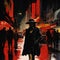 Film Noir Style Illustration: Woman In Dark Clothing On City Street