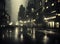 film noir style image of a wet city road in the rain at night with vehicle headlights and surrounding buildings reflected on the