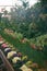 Film photo. Garden market with colorful flower rows