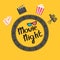 Film strip round circle frame. 3D glasses, popcorn, clapper board, ticket, projector icon set. Movie night text. Lettering. Yellow