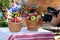 Filming a video of apples in wicker baskets in a peasant style. Rural blogging