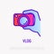 Filming vlog: camera in hand thin line icon. Modern vector illustration for video logo