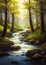 Filtered Realms: A Serene Forest Stream Amidst Grey Rocks and Su