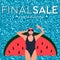 Final summer sale. Young long-haired girl sunbath in the swimming pool, vector flat illustration.