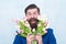 Finally spring. Making surprise. Gentleman with tulips. Spring is coming. Greetings. Bearded man tulip bouquet. Womens