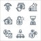 finance and business line icons. linear set. quality vector line set such as currency, teamwork, mobile banking, hourglass, unlock