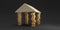 Finance and home loan. Triangular shaped wooden roof on pillars made of four rows of gold coins. 3D render.