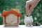 Finance, Model house with piggy bank and stack of coins money on natural green background,Business investment and real estate