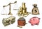 Finance, money set. Scales, stack of coins, sack of dollars, paper money, wallet, piggy bank. Hand drawn vector.