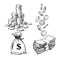 Finance, money set. Sketch of stack of coins, paper money, sack of dollars falling coins in different positions. Black