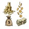 Finance, money set. Sketch of stack of coins, paper money, sack of dollars falling gold coins in different positions