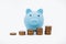 Finance Savings, save money for future investments and for emergency use concept. A blue piggybank and coin tower on