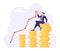 Finance Success, Money Wealth Concept, Business Man Sitting on Top of Golden Coin Stack Drawing Growing Curve Line