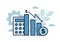 Finance. Vector illustration of econometrics. Icons of calculator, bar chart, dollar icon, down arrow, on the background of gears