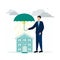 Finance. Vector illustration insurance. A man holds an umbrella over the house, under the umbrella the sun, around the clouds,