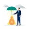 Finance. Vector illustration insurance. A man holds an umbrella over a money bag with coins, against a background of gray clouds