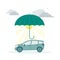 Finance. Vector illustration insurance. Umbrella over the car, sun under the umbrella, around the clouds, rain