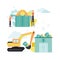 Finance. Vector illustration of lending. The excavator takes bills and coins from the bank, people in helmets are building from