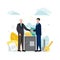 Finance. Vector illustration of trust, fiduciary services. An elderly man shakes hands with a man, next to them is a safe, money,
