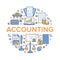 Financial accounting circle poster with flat line icons. Bookkeeping brochure concept, tax optimization, loan, payroll