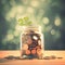 Financial accumulation Coins in a jar, background blurred, savings concept