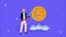 Financial animation with businessman lifting magnifying glass and coin