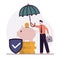 Financial and business insurance. Cartoon man saving money and protecting bank deposit. Businessman insure assets