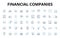 Financial companies linear icons set. Banking, Investments, Insurance, Wealth, Taxation, Trading, Credit vector symbols