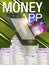 Financial Concept Make Money on the Internet with Mobile app, Dollar Bills, Credit Cards on modern green background.