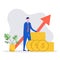 Financial consultant leaning on a stack coins. Successful investor, return on investment, mutual fund, money saving. Modern vector