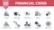 Financial Crisis set icon. Contains financial crisis illustrations such as unemployment, bank run, stock market crash