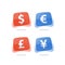 Financial currency rate and exchange, dollar sign, euro symbol, British pound, Japanese yen, red and blue icons