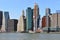 Financial District of Lower Manhattan viewed from Brooklyn. New York City, US. Modern office buildings